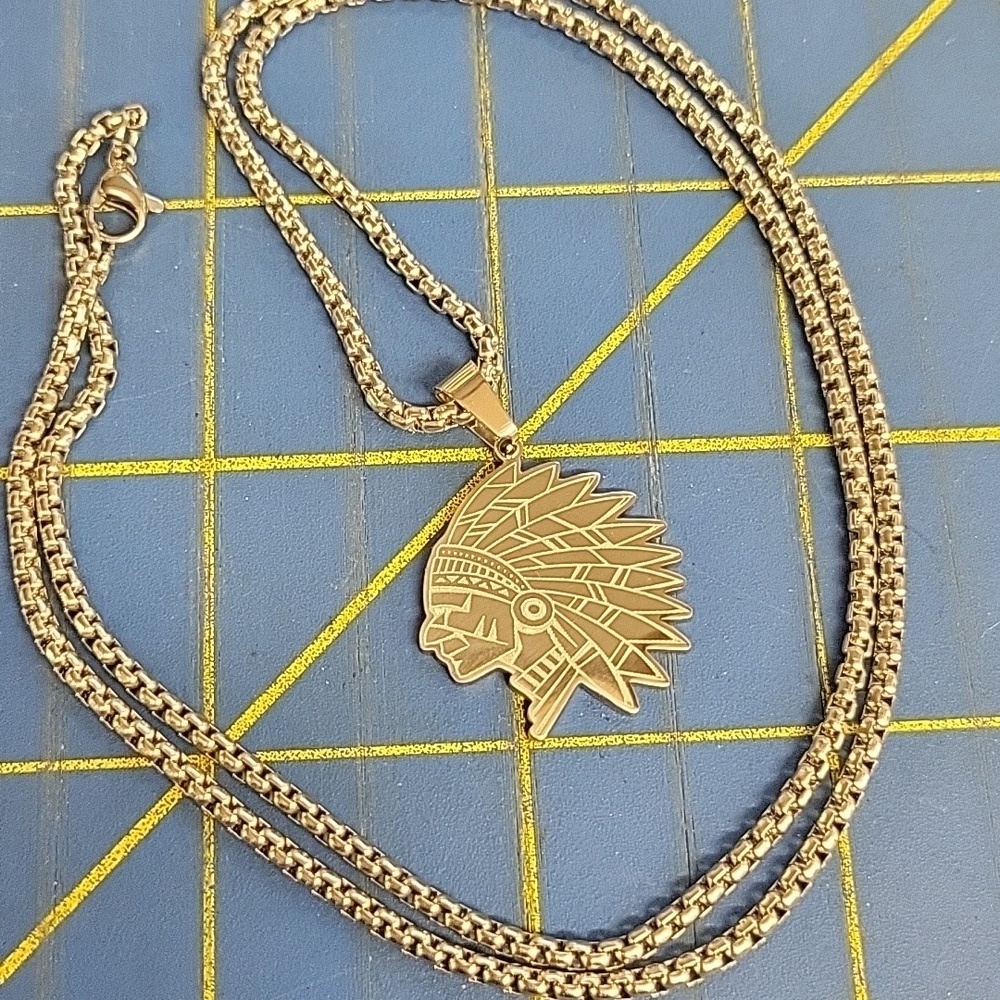 Indian Head 1" Silver Tone 23" Necklace